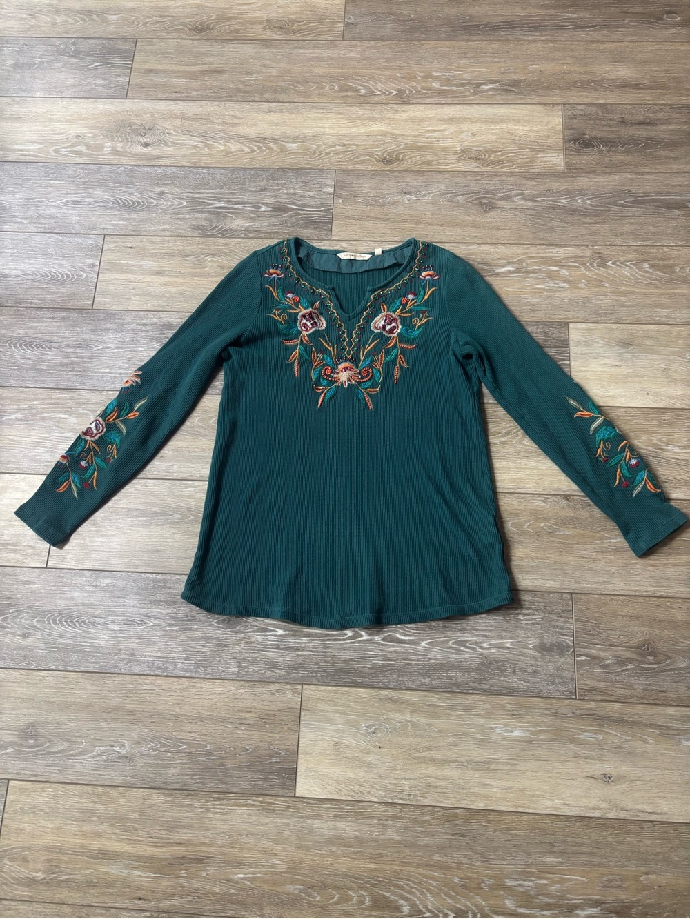 Soft Surroundings Top Sz XS Teal Embroidered Floral Beaded Boho Southwestern